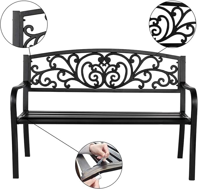 Outdoor Bench, 50" Metal Garden Bench Patio Porch Furniture with Backrest and Armrests, for Balcony, Yard, Garden, Weatherproof(White)