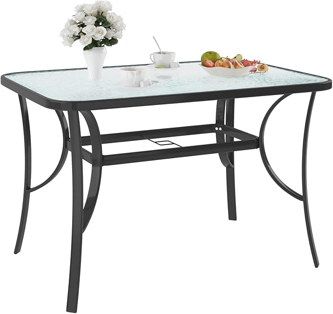 SDHYL 47 Inch Rectangle Tempered Glass Patio Dining Table Patio Table Coffee Table Dining Bistro Table, for Outdoor Garden Balcony Backyard Poolside Lawn, with Umbrella Hole, Black