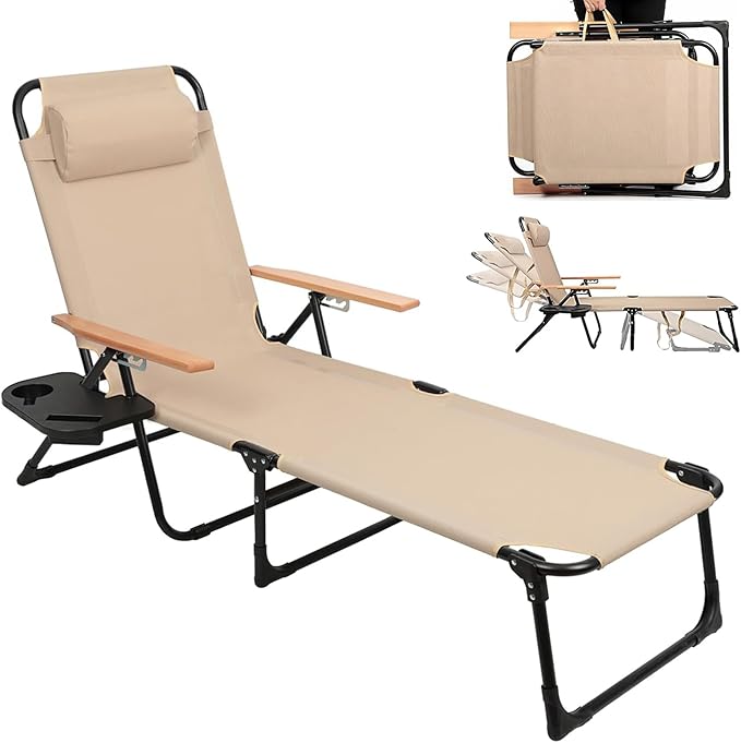 Folding Outdoor Chaise Lounge Chair, Portable Camping Cot with Headrest, 4 Position Beach Lounge with Cup Holders & Wooden Armrests, Sun Tanning Chair for Patio Pool Lawn, Supports 350lbs (Beige)