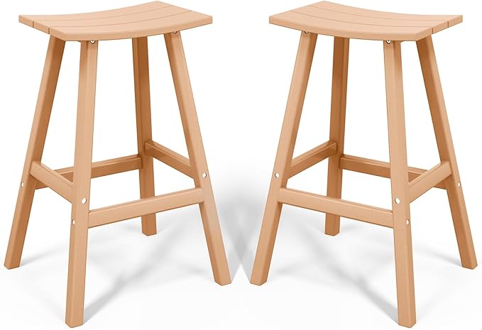 Costaelm All-Weather Bar Stools Set of 2, 29" Height Outdoor Bar Stools, Adirondack Poly Patio Bar Stool for Patio, Deck, Kitchen Counter and Garden, Teak