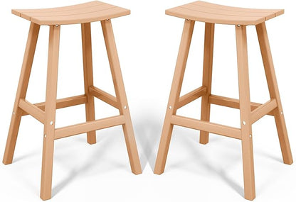 Costaelm All-Weather Bar Stools Set of 2, 29" Height Outdoor Bar Stools, Adirondack Poly Patio Bar Stool for Patio, Deck, Kitchen Counter and Garden, Teak