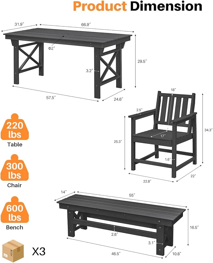 HDPE Outdoor Dining Set of 6, Patio Dining Table Set with 4 Chairs and 1 Bench - Photo 3