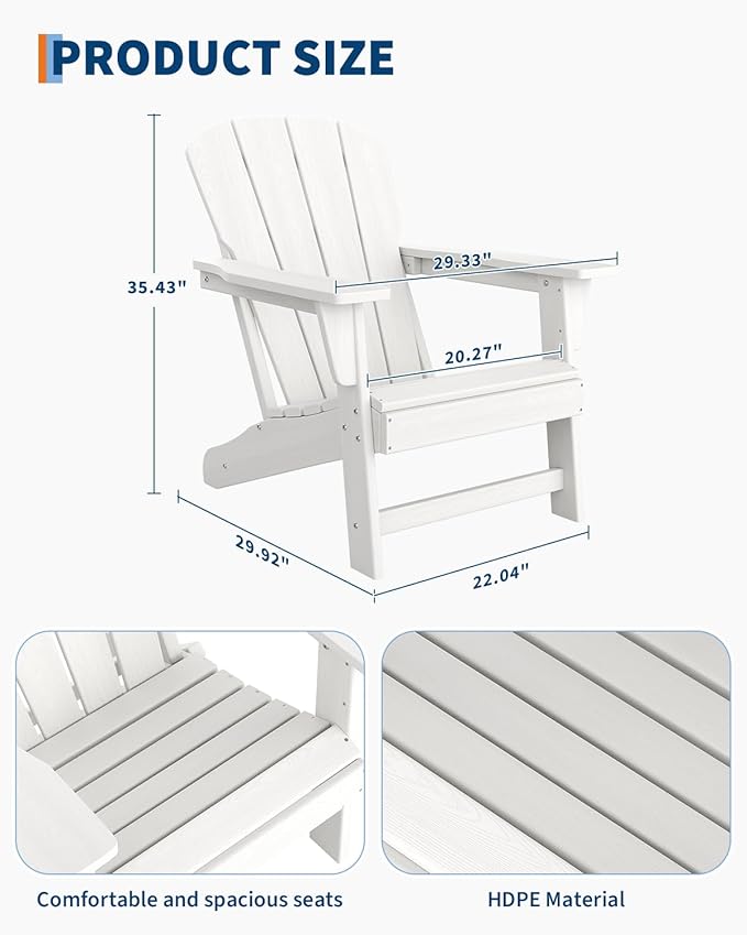 Outdoor Adirondack Chairs, HDPE Plastic Patio Chairs for All Weather, Weather-Resistant Fire Pit Chair with Wide Armrests & Slatted Back, Heavy-Duty Outdoor Seating for Patio, Deck, Lawn, White