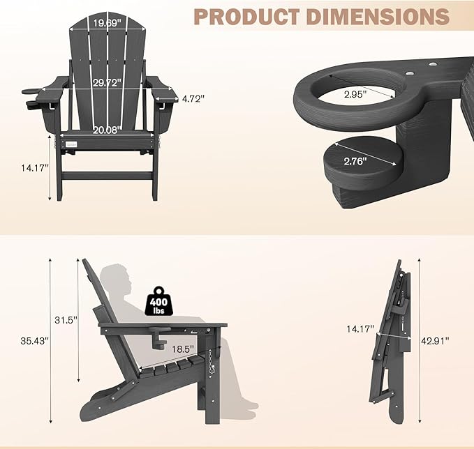 Mdeam 3-Position Adjustable Adirondack Chairs Set of 4, 400LBS Capacity, Cup Holder, Wooden Textured, All-Weather HDPE Folding Fire Pit Outdoor Chairs for Poolside Deck Patio Garden Yard Lawn - Grey