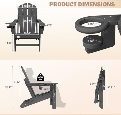 Mdeam 3-Position Adjustable Adirondack Chairs Set of 4, 400LBS Capacity, Cup Holder, Wooden Textured, All-Weather HDPE Folding Fire Pit Outdoor Chairs for Poolside Deck Patio Garden Yard Lawn - Grey