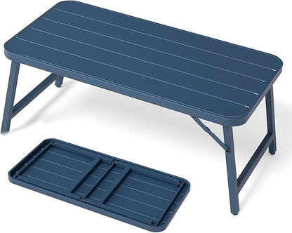 VINGLI Outdoor Folding Coffee Table, Rectangle Drainable Iron Patio Table for Balcony, Porch, and Living Room, Blue