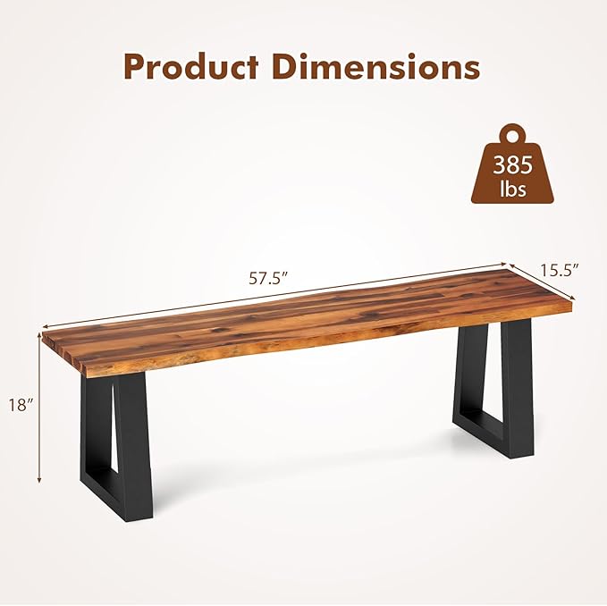 Tangkula Acacia Wood Outdoor Bench, Heavy Duty 2 Person Patio Backless Dining Bench with Metal Frame & Adjustable Foot Pads, Outside Bench for Poolside, Front Porch, Deck (2)