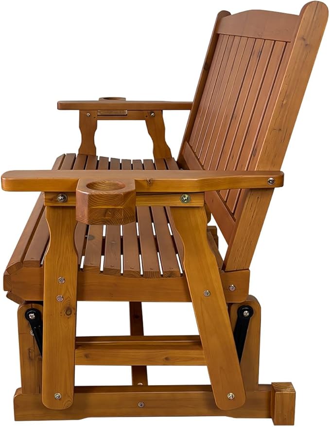 Fortune Candy Wooden Patio Glider, with Cup Holders, High Back and Deep Contoured Seat, Solid Fir Wood - Photo 6