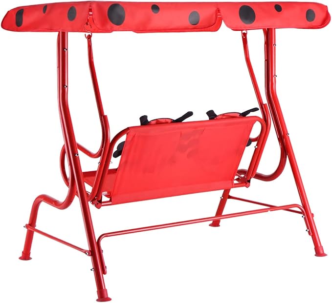 Costzon Kids Porch Swing, All-Weather Patio Swing Bench Hammock w/Adjustable Canopy & Safety Belts for 2 Children - Photo 9