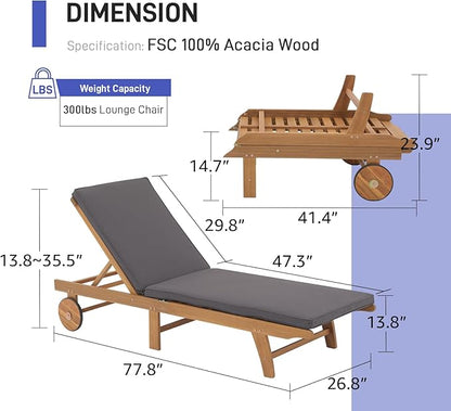Patiorama Patio Acacia Wood Chaise Lounge Set of 2, Outdoor Folding Lounge Chair Recliner w/Adjustable Backrest, Wheels,Padded Cushion, Portable Sun Lounger Pool Chair for Deck,FSC Certified,Dark Grey
