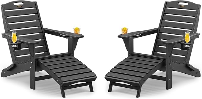 Folding Adirondack Chairs Set of 2,Adirondack Chair with Retractable Ottoman,Plastic Adirondack Chairs with 2 Cup Holder,Weather Resistant Patio Chair,Outdoor Chairs Set of 2(Black)