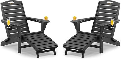 Folding Adirondack Chairs Set of 2,Adirondack Chair with Retractable Ottoman,Plastic Adirondack Chairs with 2 Cup Holder,Weather Resistant Patio Chair,Outdoor Chairs Set of 2(Black)