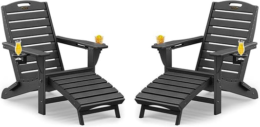 Folding Adirondack Chairs Set of 2,Adirondack Chair with Retractable Ottoman,Plastic Adirondack Chairs with 2 Cup Holder,Weather Resistant Patio Chair,Outdoor Chairs Set of 2(Black)