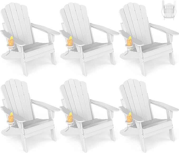 GREENVINES Oversized-Folding-Adirondack-Chairs-Set-of-6 | HDPE Plastic | Cup Holder | Fire Pit Chair | All Weather | for Outdoor Deck Backyard | White