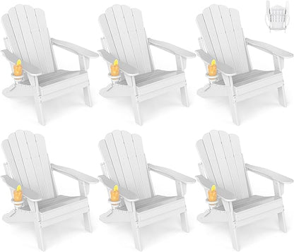 GREENVINES Oversized-Folding-Adirondack-Chairs-Set-of-6 | HDPE Plastic | Cup Holder | Fire Pit Chair | All Weather | for Outdoor Deck Backyard | White