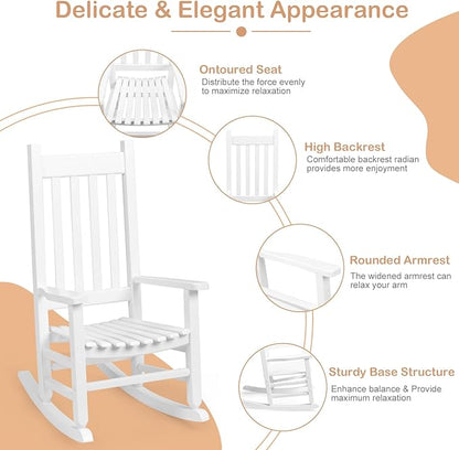Outvita Wood Children's Rocking Chair, Perfect for Indoor or Outdoor All-Weather Wooden Porch Rocker for Garden, Yard, and Balcony, Patio Rocking Chair Suitable for Kids Ages 6-10(White)