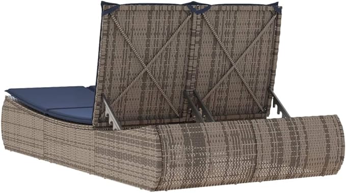 vidaXL Patio Double Sun Lounger with Cushions, Outdoor Chaise Lounge Chair for Beach Pool, Daybed, Sunbed, Modern Style, Gray Poly Rattan