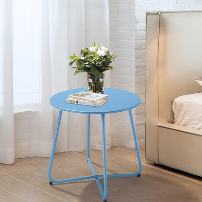 Patio Outdoor Side Table Waterproof Round Metal Steel Small Side Table Weather Resistant Portable Outdoor and Indoor End Table for Garden Balcony Yard, Blue