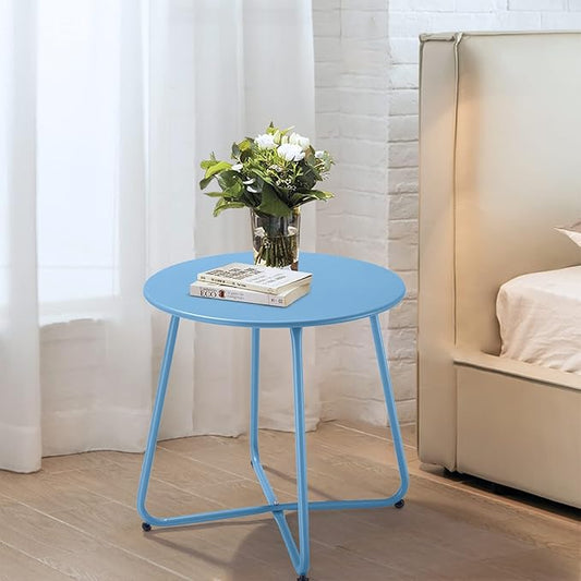 Patio Outdoor Side Table Waterproof Round Metal Steel Small Side Table Weather Resistant Portable Outdoor and Indoor End Table for Garden Balcony Yard, Blue