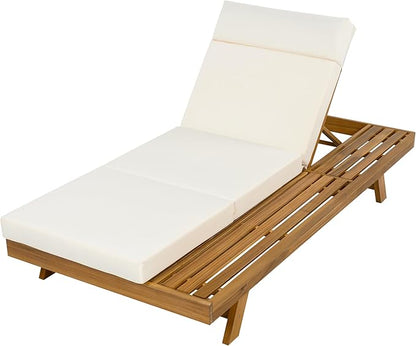 2-Piece Patio Lounge Chair Set with Side Space, Outdoor Chaise Lounge Adjustable & Breathable Acacia Wood Frame, Water-Resistant Cushions(Beige& 4 Inch Thick & 4-FOLD)