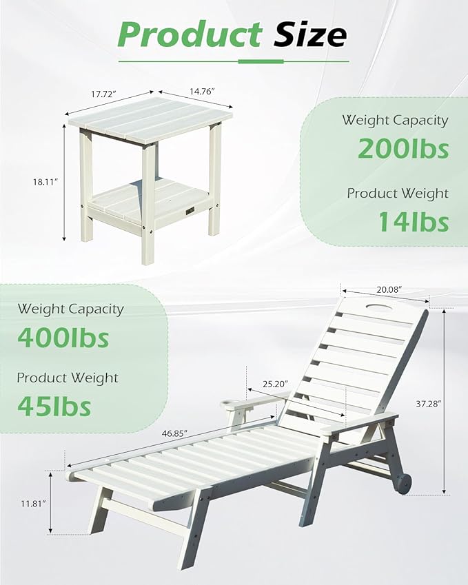 Domi Pool Lounge Chairs Set of 2 with Table, HDPE Outdoor Chaise Lounge Chairs for Outside, Pool Loungers for Poolside, Patio, Sunbathing Tanning, White