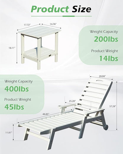 Domi Pool Lounge Chairs Set of 2 with Table, HDPE Outdoor Chaise Lounge Chairs for Outside, Pool Loungers for Poolside, Patio, Sunbathing Tanning, White