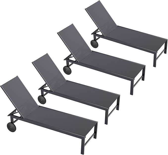 QAQA 4 PCS Outdoor Chaise Lounge with Wheels, Aluminum Patio Lounge Chairs with 5 Adjustable Positions for Poolside, Beach, Yard, Dark Grey