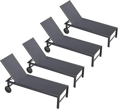 QAQA 4 PCS Outdoor Chaise Lounge with Wheels, Aluminum Patio Lounge Chairs with 5 Adjustable Positions for Poolside, Beach, Yard, Dark Grey