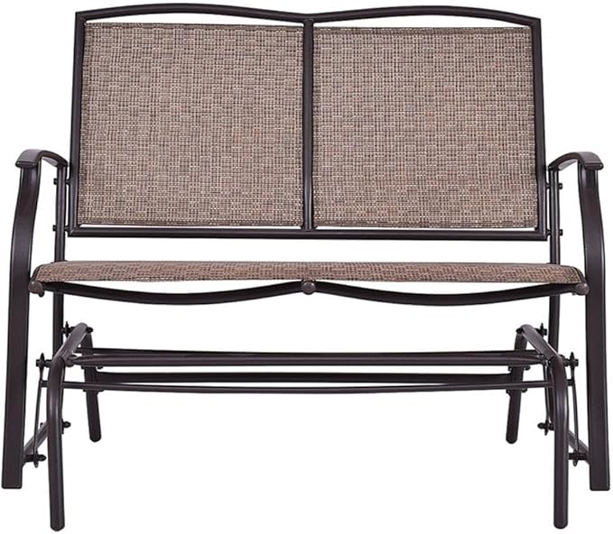 Pemberly Row Patio Glider Rocking Bench, Durable Metal Frame, Ergonomic Design, Brown Finish, Double 2-Person Outdoor Seating, Smooth Gliding Motion, Comfortable Garden or Patio Bench