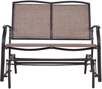 Pemberly Row Patio Glider Rocking Bench, Durable Metal Frame, Ergonomic Design, Brown Finish, Double 2-Person Outdoor Seating, Smooth Gliding Motion, Comfortable Garden or Patio Bench