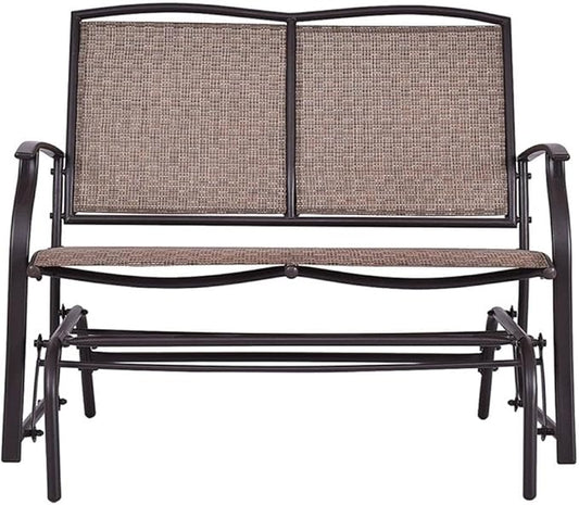 Pemberly Row Patio Glider Rocking Bench, Durable Metal Frame, Ergonomic Design, Brown Finish, Double 2-Person Outdoor Seating, Smooth Gliding Motion, Comfortable Garden or Patio Bench