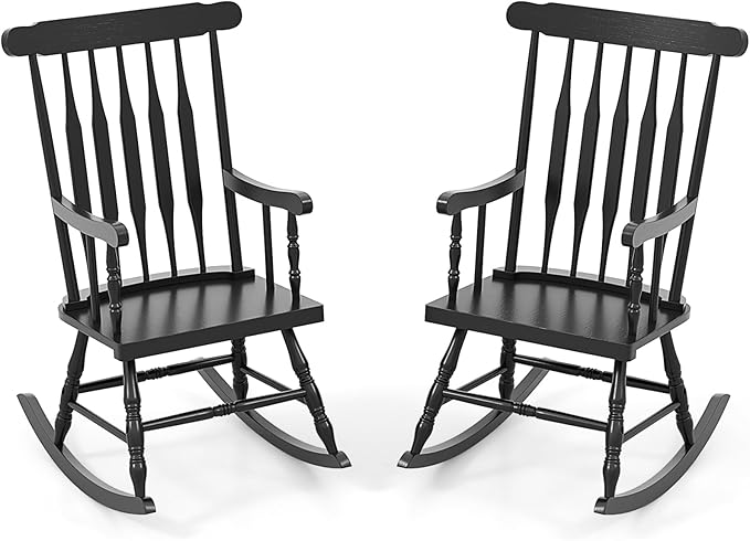 Giantex Outdoor Wood Rocking Chair Set of 2 - Patio Rocking Chair with Rubber Wood Frame, Slat Back, Outside & Indoor Rocker for Garden, Poolside, Balcony, Backyard, Lawn, Front Porch Rocker, Black