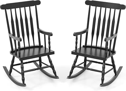 Giantex Outdoor Wood Rocking Chair Set of 2 - Patio Rocking Chair with Rubber Wood Frame, Slat Back, Outside & Indoor Rocker for Garden, Poolside, Balcony, Backyard, Lawn, Front Porch Rocker, Black