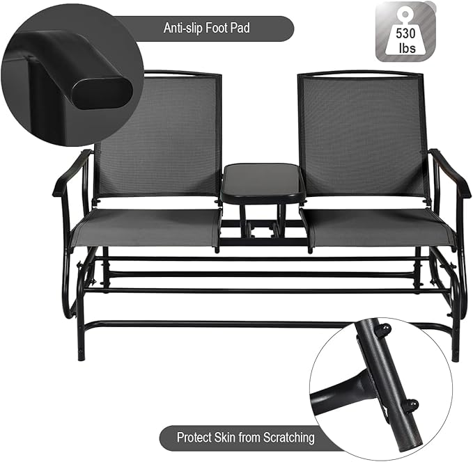 Giantex Patio Bench Glider Chair with Metal Frame, Center Tempered Glass Table, Outside Double Rocking Swing Loveseat for Porch, Garden, Poolside, Balcony, Lawn Rocker Outdoor Glider Bench(Black)