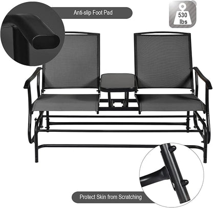 Giantex Patio Bench Glider Chair with Metal Frame, Center Tempered Glass Table, Outside Double Rocking Swing Loveseat for Porch, Garden, Poolside, Balcony, Lawn Rocker Outdoor Glider Bench(Black)