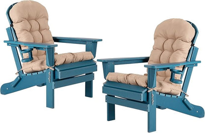 Adirondack Chair Set of 2 with Cushion & Cup Holders, HDPE Weather Resistant Folding Adirondack Chair for Adults, Outdoor Fire Pit Chairs for Patio/Porch/Swimming Pool/Garden (2, Blue)