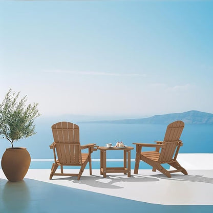 Plawdlik Folding Adirondack Chair Set of 6 with Cup Holder，Wooden Textured ，Heavy All-Weather HDPE Comfortable Set Poolside Backyard Lawn, Teak