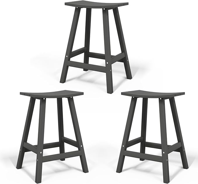 Costaelm All-Weather Bar Stools Set of 3, 24" Height Outdoor Bar Stools, Adirondack Poly Patio Bar Stool for Patio, Deck, Kitchen Counter and Garden, Gray