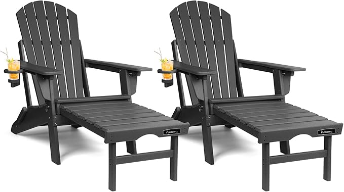 FUNBERRY Adjustable Folding Adirondack Chairs Set of 2 with Retractable Ottoman, All Weather Fire Pit Chairs with Cup Holder