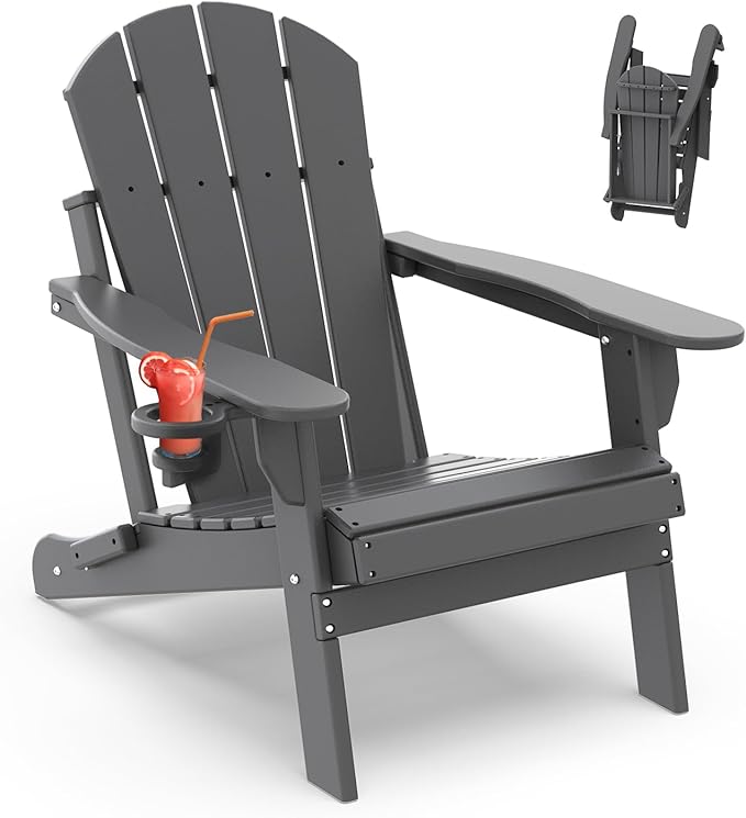 IVY&LANE Folding-Adirondack-Chair | HDPE Plastic | Outdoor Fire Pit Chairs with Cup Holder | Grey | Poly | Weather Resistant | for Patio Deck Poolside Garden Beach