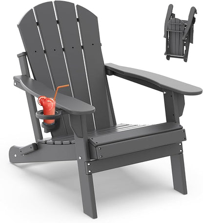 IVY&LANE Folding-Adirondack-Chair | HDPE Plastic | Outdoor Fire Pit Chairs with Cup Holder | Grey | Poly | Weather Resistant | for Patio Deck Poolside Garden Beach