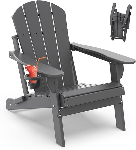 IVY&LANE Folding-Adirondack-Chair | HDPE Plastic | Outdoor Fire Pit Chairs with Cup Holder | Grey | Poly | Weather Resistant | for Patio Deck Poolside Garden Beach