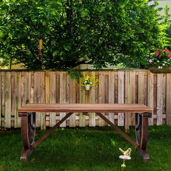 2-Person Rustic Wooden Garden Bench, Wagon Wheel Outdoor Chair for Patio, Backyard, Porch or Deck Seating, Farmhouse Burnt Wood Finish, Weather-Resistant, Country Style Furniture for Lawn Decor