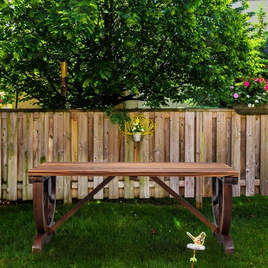 2-Person Rustic Wooden Garden Bench, Wagon Wheel Outdoor Chair for Patio, Backyard, Porch or Deck Seating, Farmhouse Burnt Wood Finish, Weather-Resistant, Country Style Furniture for Lawn Decor