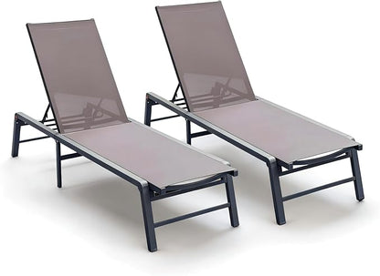 Aluminum Chaise Lounge Outdoor, Foldable & Assemble-Free Lounge Chair Outdoor Set of 2, Lounge Chair with 5 Adjustable Backrest, Patio Lounge Chair for Outside, Poolside, Beach, Pool, Brown