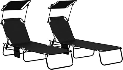 Outsunny Folding Chaise Lounge Pool Lounge Chairs Set of 2, Outdoor Sun Tanning Chairs with Canopy Shade, Reclining Back, Steel Frame and Side Pocket for Beach, Yard, Patio, Black