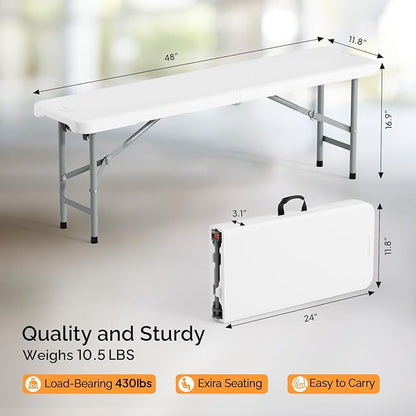 VINGLI 6 feet Plastic Folding Bench,Portable in/Outdoor Picnic Party Camping Dining Seat, Garden Soccer Multipurpose Entertaining Activities, Smooth HDPE Tabletop (1, White, 4ft)