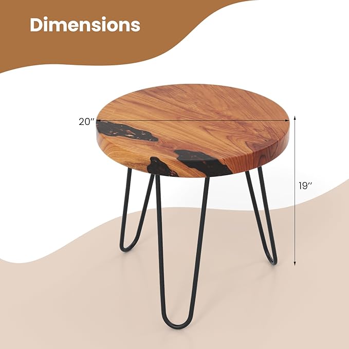 Giantex Outdoor Side Table Teak Wood - 20” Round End Table with Epoxy Resin Tabletop, Solid Live Edge, Metal Frame, Rustic Sofa and Couch Table for Patio, Porch, Poolside, Living Room, Yard, Brown