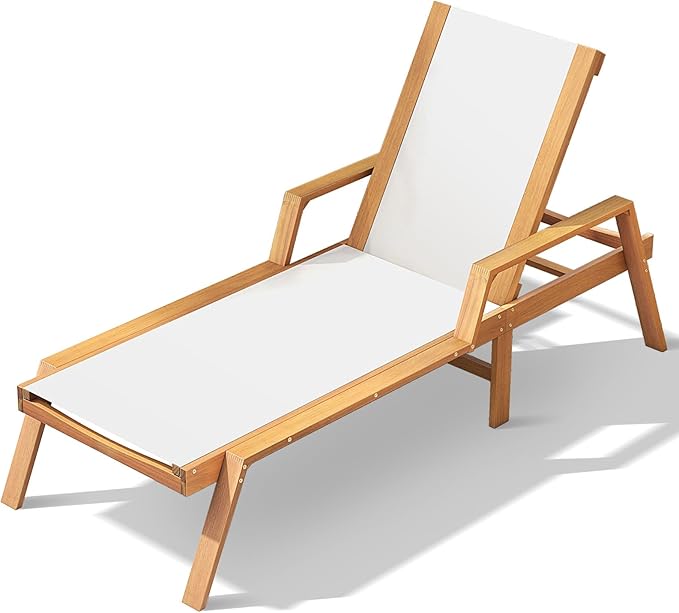 Tangkula Outdoor Wood Chaise Lounge Chair, Patio Sun Lounger with Adjustable Back - Photo 1
