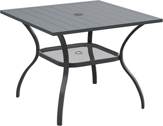 DIFY Square Patio Dining Table for 4, 38" Grey Outdoor Metal Dining Table with 1.57" Umbrella Hole for Backyard, Lawn, Garden and Deck